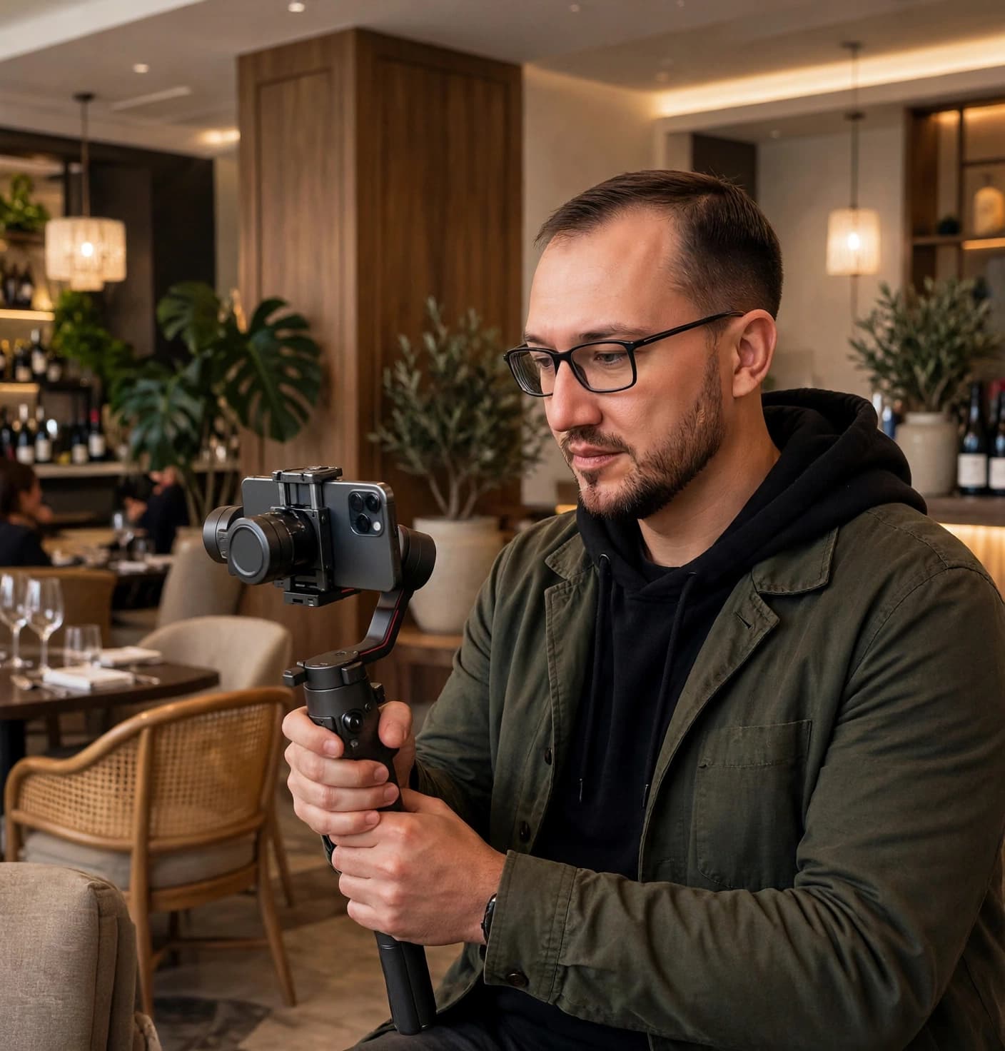 Andrew filming a hotel lobby tour with a gimbal-stabilized phone